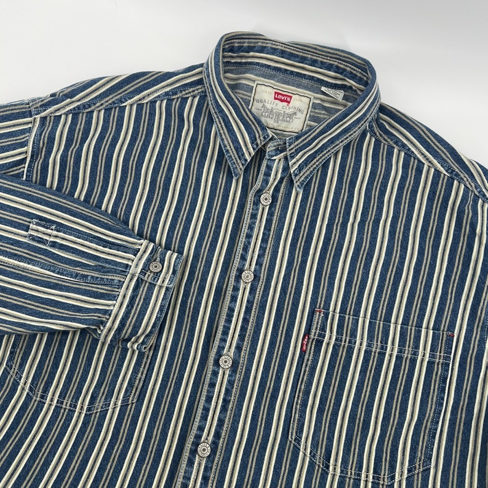Levis Stripe Denim Indigo Tan Metal Button Shirt Red Tab Men’s XL 60560-1276 90s